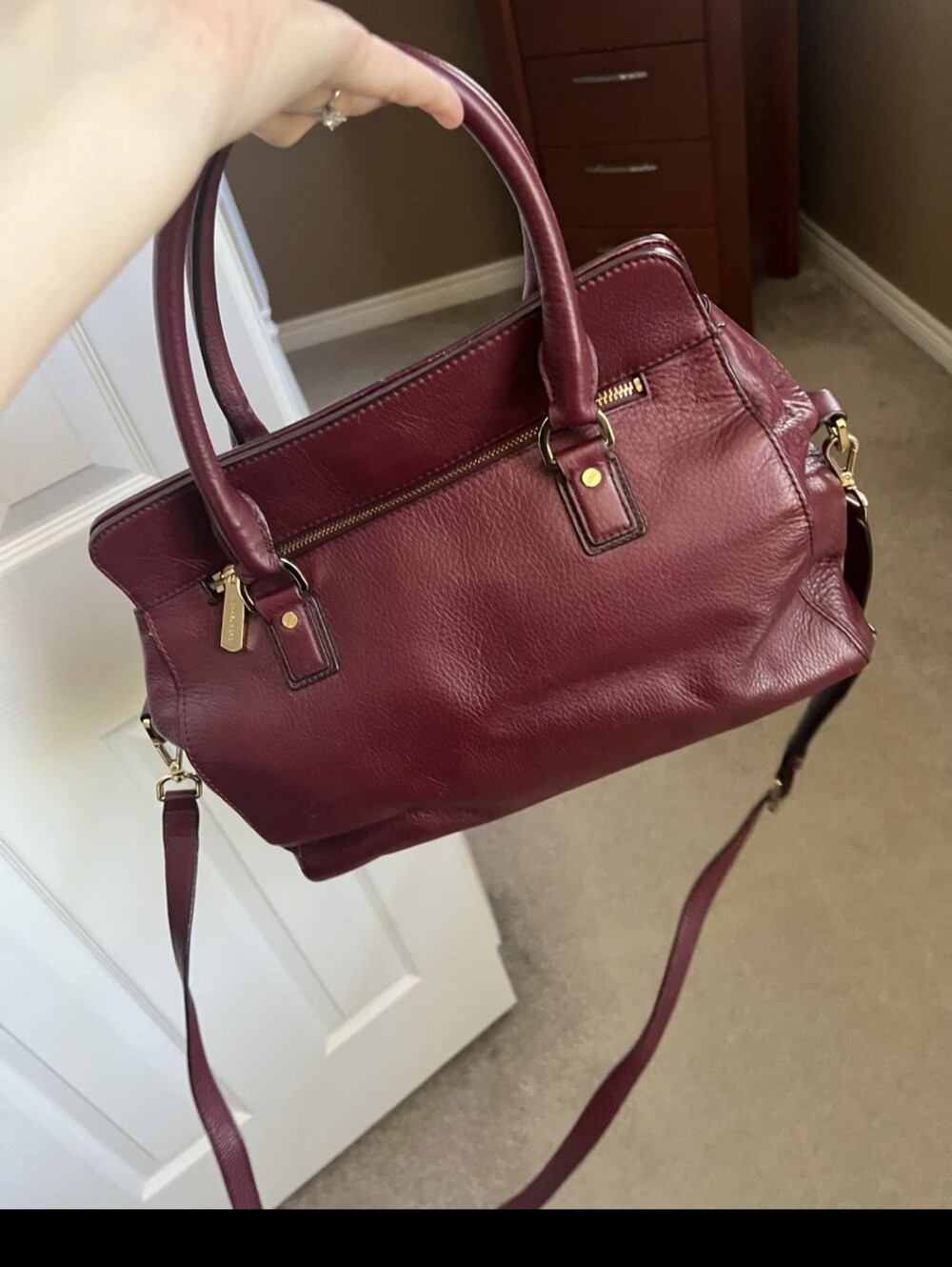Michael Kors Burgundy Leather Satchel with Gold Hardware
